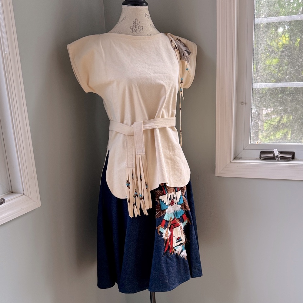Native American appliqué Jean midi skirt with feather faux suede tunic EVC small